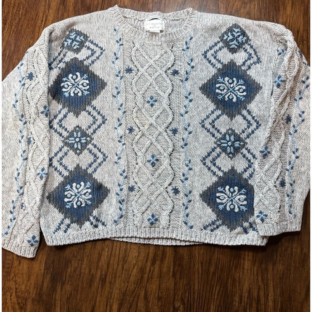 Christopher & Banks Women’s Sweater Large Grey Blue Hand Embroidered